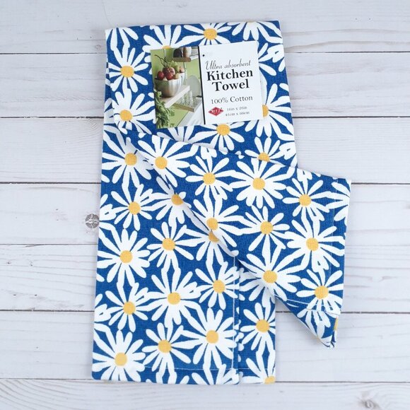 Kitchen Dish Towel Dual Purpose Daisy Daisies Flowers Floral Blue - Picture 2 of 3
